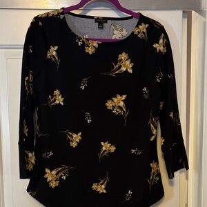 Ann Taylor Factory Black Blouse with Gold Floral Design